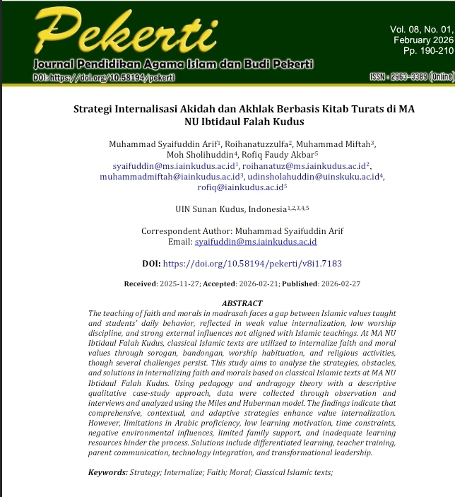 Strategi Internalisasi Akidah dan Akhlak Berbasis Kitab Turats di MA NU Ibtidaul Falah Kudus